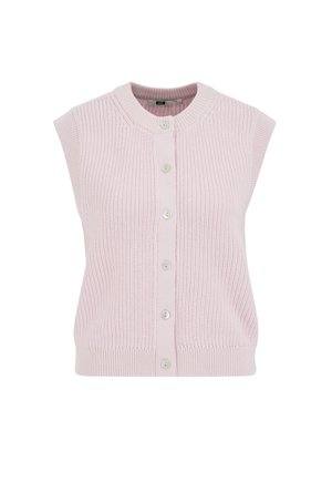 Cardigan sans manches en maille rose pâle avec col rond et six boutons blancs sur le devant, avec un ourlet et des bords de manches côtelés.