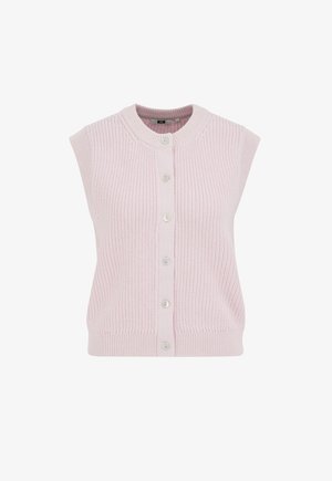 Cardigan sans manches en maille rose pâle avec col rond et six boutons blancs sur le devant, avec un ourlet et des bords de manches côtelés.