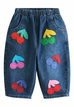 Denim shorts with elastic waist, decorated with six colorful crocheted cherry patches in red, green, pink, blue, and yellow.