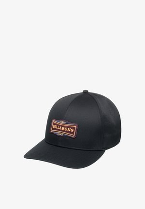 Black baseball cap with a rounded crown and a flat brim. Features a colorful embroidered Billabong patch on the front.