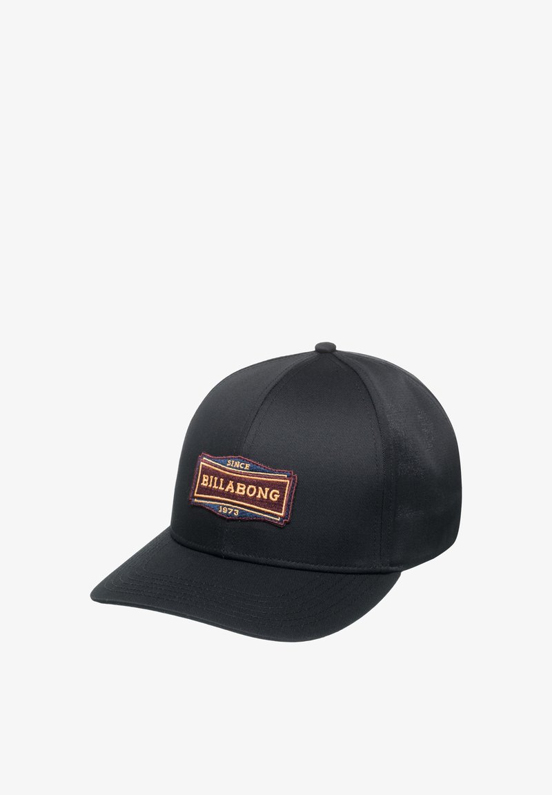 Black baseball cap with a rounded crown and a flat brim. Features a colorful embroidered Billabong patch on the front.