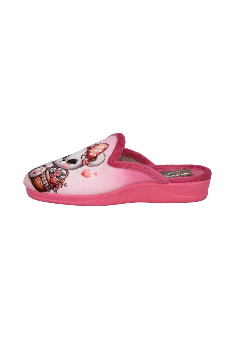 Zapatilla rosa de felpa con diseño de panda, un lazo rojo y detalles florales, puntera redondeada y suela texturizada en rosa.