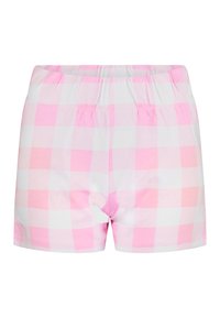 Pantalones cortos a rayas rosas y blancos con cintura elástica, elaborados en suave material de algodón, que cuentan con un ajuste relajado y un dobladillo.