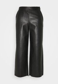 Svarta läderbyxor med vida ben och en slät yta, som har hög midja och diskreta sidslitsar vid fållen.