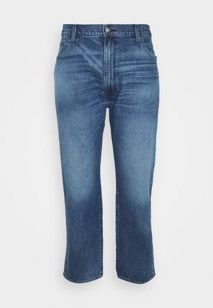 Jeans de ganga azuis com cintura alta, corte reto e comprimento cropped. Apresentam desbotamento leve e um design clássico de cinco bolsos.