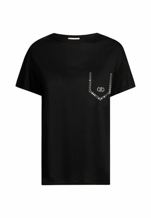 Black cotton t-shirt with a crew neckline and short sleeves. Features a decorative pocket with rhinestones and logo accent.