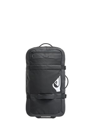 Schwarze Reisetasche auf Rädern mit mehreren Griffen, Reißverschlusstasche vorne und weißem Logo im unteren rechten Bereich.