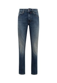 Jeans in denim blu con una vestibilità a gamba dritta, caratterizzati da una finitura sbiadita, design a cinque tasche e cuciture a contrasto lungo le cuciture.