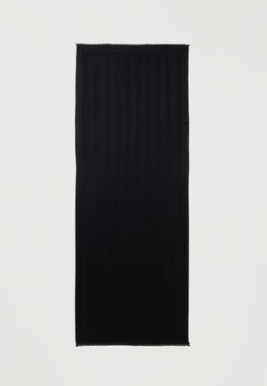 Tissu rectangulaire noir avec une texture subtilement imprimée, présenté à plat sur un fond clair avec de courtes franges sur les bords.