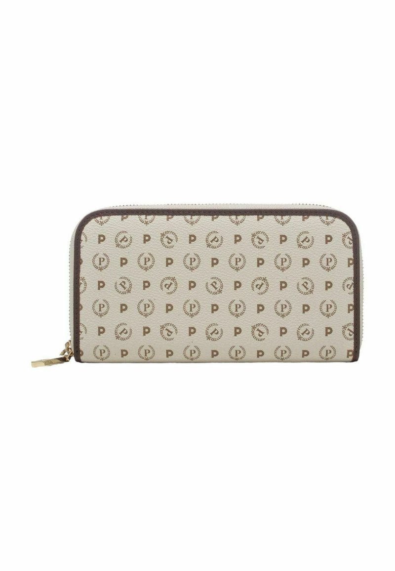 Portafoglio zip-around in materiale sintetico crema con motivo logo marrone e bordi a contrasto, dotato di un tirazip in tono oro.