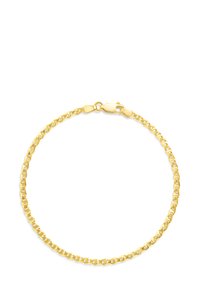 Goldkettchen-Armband mit rechteckigen Gliedern, polierter Oberfläche und einem Karabinerverschluss für sicheren Halt. Glatte Textur und einheitliche Farbe.