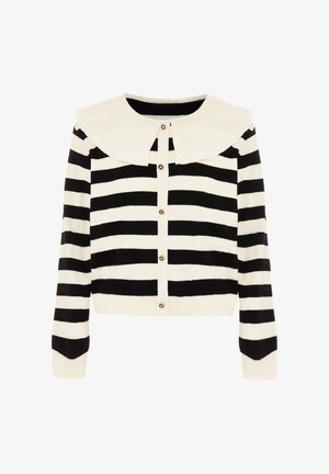 Fekete-fehér csíkos kardigán bordázott textúrával, kerek gallérral és elülső gombokkal, hosszú ujjakkal és rövidített fazonnal.