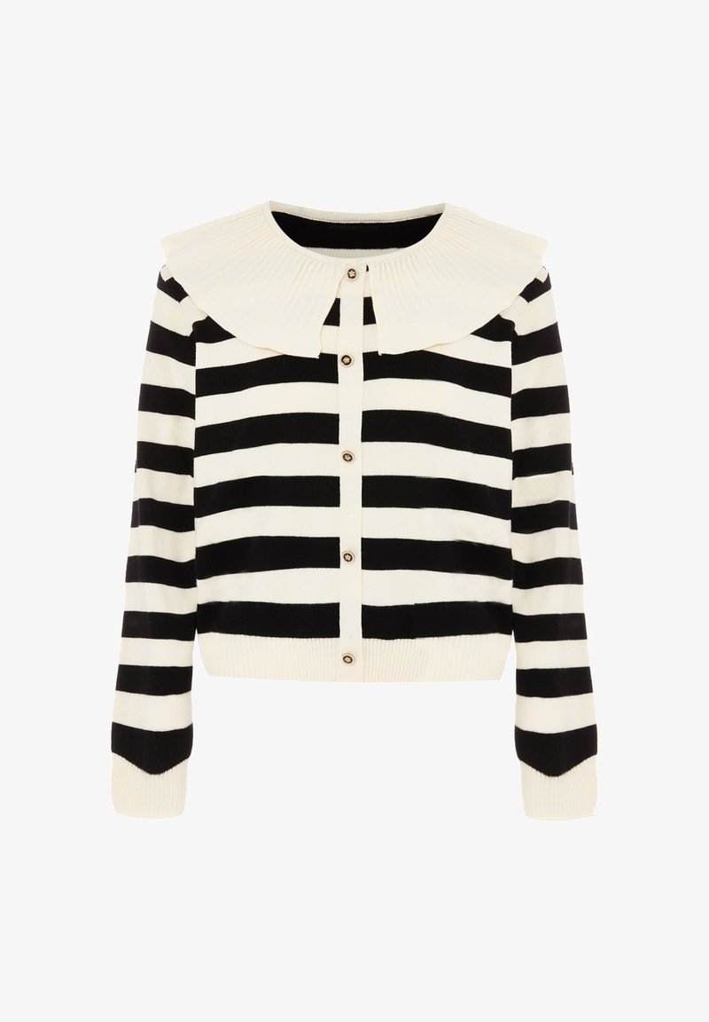 Schwarz-weißer gestreifter Cardigan mit gerippter Textur, rundem Kragen und vorderen Knöpfen. Er besitzt lange Ärmel und ein cropped Design.