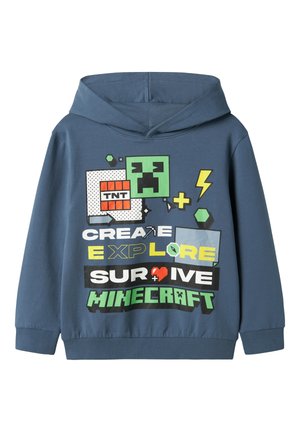 Modrá mikina s kapucňou s grafikou Minecraft, vrátane tváre Creepera, TNT bloku, blesku a slov "Vytvor, preskúmaj, prežij Minecraft."