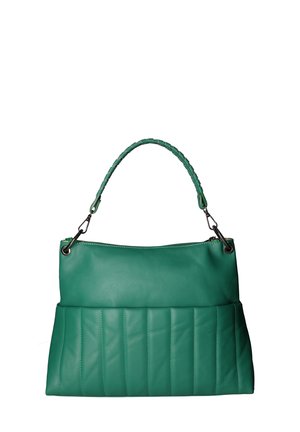 Borsa a tracolla in pelle verde con una parte superiore liscia e una parte inferiore trapuntata, caratterizzata da un manico intrecciato e dettagli in metallo argentato.