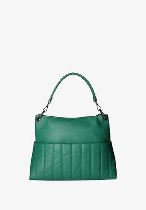 Borsa a tracolla in pelle verde con una parte superiore liscia e una parte inferiore trapuntata, caratterizzata da un manico intrecciato e dettagli in metallo argentato.