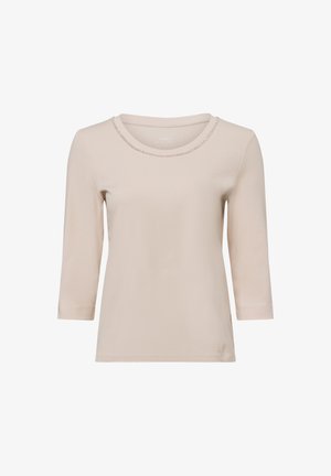 Beige Langarmshirt mit rundem Ausschnitt und strukturiertem Saum. Aus weichem Stoff gefertigt, hat es eine lockere Passform und Seitenschlitze.