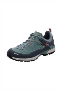 Men's hiking shoe with gray-blue synthetic upper, patterned detailing, red accents, and black rubber sole. Waterproof lining included.