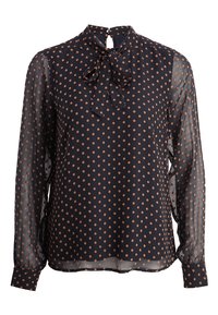 Navy blue long-sleeve blouse with sheer sleeves, orange polka dots, high neck, and front bow tie detail.