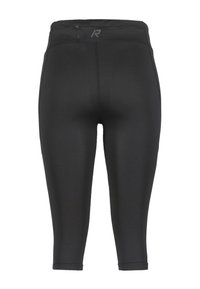 Schwarze Dreiviertel-Laufleggings aus atmungsaktivem Material mit glatter Textur, Taschen im Taillenbund und dezenten Nahtdetails. Hinten befindet sich ein kleines Logo.