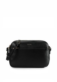 Schwarze Leder-Crossbody-Tasche mit strukturierter Oberfl�äche, einer vorderen Reißverschlusstasche, verstellbarem Riemen und goldfarbenen Metallakzenten.