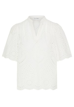 Bijela bluza kratkih rukava s izvezenim otvorima, valovitom ivicom, V-izrezom i naboranim ramenima iz Pulz Jeans.