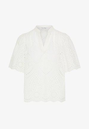 Bijela bluza kratkih rukava s izvezenim otvorima, valovitom ivicom, V-izrezom i naboranim ramenima iz Pulz Jeans.