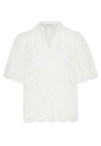 Blouse blanche à manches courtes avec broderie ajourée, ourlet festonné, col en V et épaules froncées de Pulz Jeans.