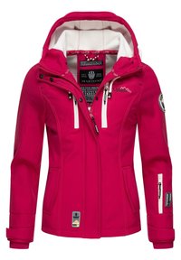 Pink softshell jacket with a fleece-lined hood, white zippered pockets, embroidered logo, and adjustable drawstrings. Features elastic cuffs.