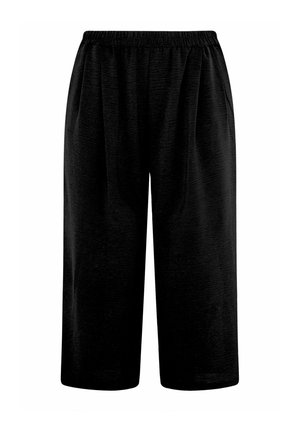 Pantaloni neri a gamba larga con vita elastica e tessuto dalla finitura testurizzata, mostrati su uno sfondo bianco neutro.