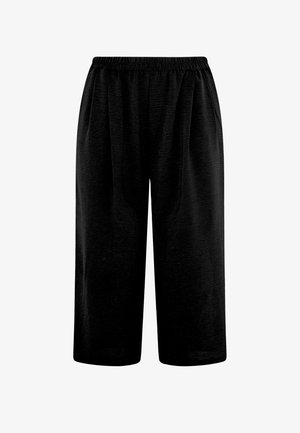 Pantalones negros de pierna ancha con cintura elástica y acabado de tela texturizada, mostrados sobre un fondo blanco liso.