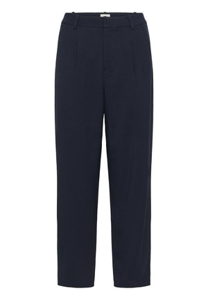 Pantaloni blu navy a gamba dritta, caratterizzati da una vita piatta, due pieghe frontali, tasche laterali e una texture liscia.