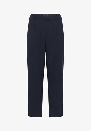 Pantaloni blu navy a gamba dritta, caratterizzati da una vita piatta, due pieghe frontali, tasche laterali e una texture liscia.