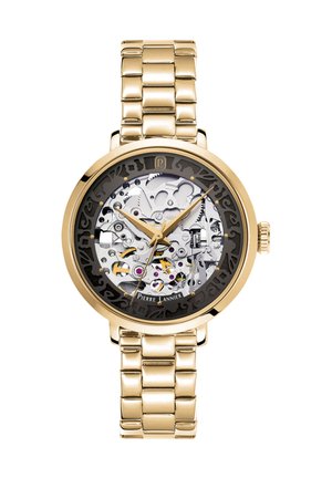 Guldtonet armbåndsur med skeletdesign, der har en gennemsigtig urskive, som viser komplekse tandhjul og et metal linkarmbånd.