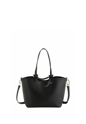 Czarna skórzana torba typu tote z dwiema długimi rączkami, odpinanym paskiem na ramię oraz detalami w kolorze złotym.