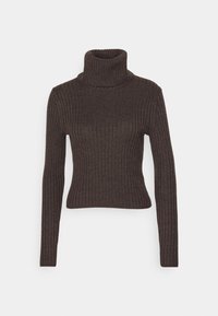 Brun ribbad polotröja med långa ärmar och figurnära design. Tillverkad av ett mjukt stickat material, med en hög krage.