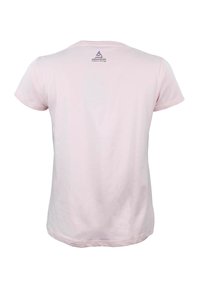 Lyserød bomulds T-shirt med rund halsudskæring og korte ærmer. Funktioner et lille logo i blå nær halsudskæringen på bagsiden. Blød tekstur.