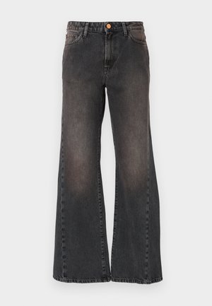 Black faded wide-leg jeans with front pockets and copper button closure, displayed flat on a white background.