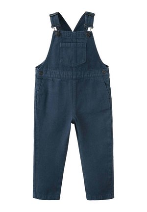 Salopette en denim bleu foncé avec bretelles réglables, poche poitrine avant, boutons latéraux et poches latérales.