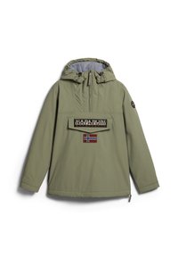 Giacca Napapijri verde con cappuccio, zip frontale, grande tasca con pattina che presenta il testo del logo e patch della bandiera norvegese sul davanti.