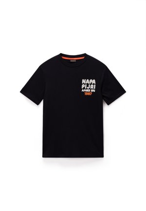 Zwarte katoenen t-shirt met een ronde halslijn, korte mouwen en gedurfde witte en oranje grafische tekst op de linkerkant van de borst.