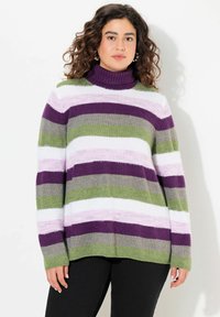 Gestreifter Strickpullover mit hohem Rollkragen in den Farben lila, grün, rosa und weiß. Weiche Textur, lockere Passform und lange Ärmel.