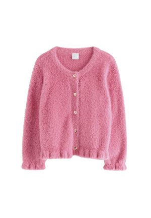 Blød lyserød, fnugget strikket cardigan med lange ærmer, rund halsudskæring og seks små hjerteformede knapper foran.