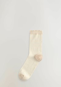 Beige striped sock with a softly ruffled cuff, featuring light beige and cream alternating stripes and a reinforced toe cap.
