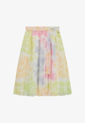 Plisovaná sukně v pastelových barvách tie-dye: růžová, zelená, žlutá a světlá modrá. Obsahuje odpovídající látkový pásek a dekorační kovový knoflík.
