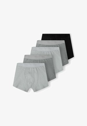 Pet par moških boksaric v odtenkih sive in črne barve, razporejenih v zamaknjenem vrstnem redu na belem ozadju.