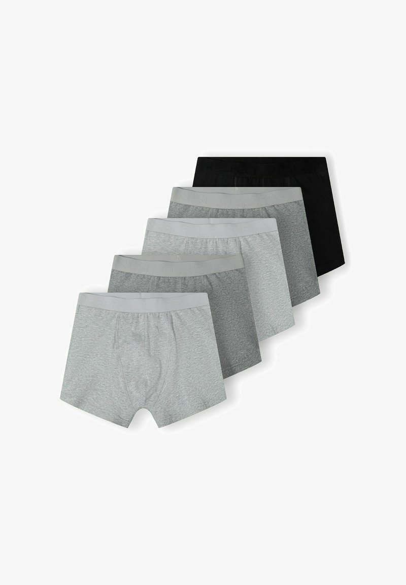 Pet par moških boksaric v odtenkih sive in črne barve, razporejenih v zamaknjenem vrstnem redu na belem ozadju.