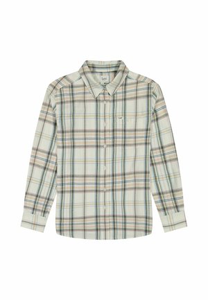 Camicia a maniche lunghe a quadri in colori chiari con righe blu, verde e rosa. Presenta un colletto classico e una chiusura frontale con bottoni. Tessuto morbido.