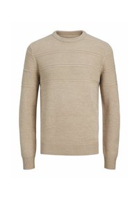 Pull en tricot beige avec un col rond. Présente des motifs texturés horizontaux et des poignets et un ourlet côtelés pour un ajustement confortable.