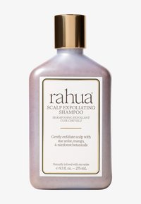 Shampooing exfoliant pour cuir chevelu Rahua dans une bouteille lavande incurvée de 275 mL avec un bouchon doré, présentant une étiquette blanche avec texte noir et détails botaniques.